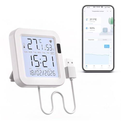 eMylo wifi termometer hygrometer för inomhusbruk, Tuya inomhustermometer fuktighetssensor med bakgrundsbelysning dataregistrering, babyns sovrum, hygrometer, termometer, hem (8 cm x 8 cm)