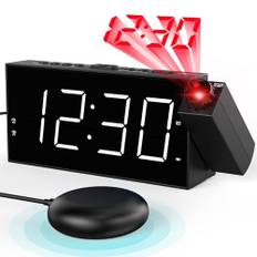 Digital väckarklocka med projektion, Väckarklocka med bed shaker, Snooze, Lätt att ställa in, Dubbelt alarm, DST, Batteribackup, Dimbar ljusstyrka och ljud, USB, 12/24H, 3 alarmlägen, Vit