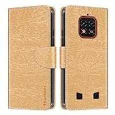 Shantime Träfiber textur läder plånbok flip fodral kompatibel med Oukitel WP18, korthållare, stöd och inre mjukt TPU-fodral skydd för Oukitel WP18 Pro (6 tum) guld