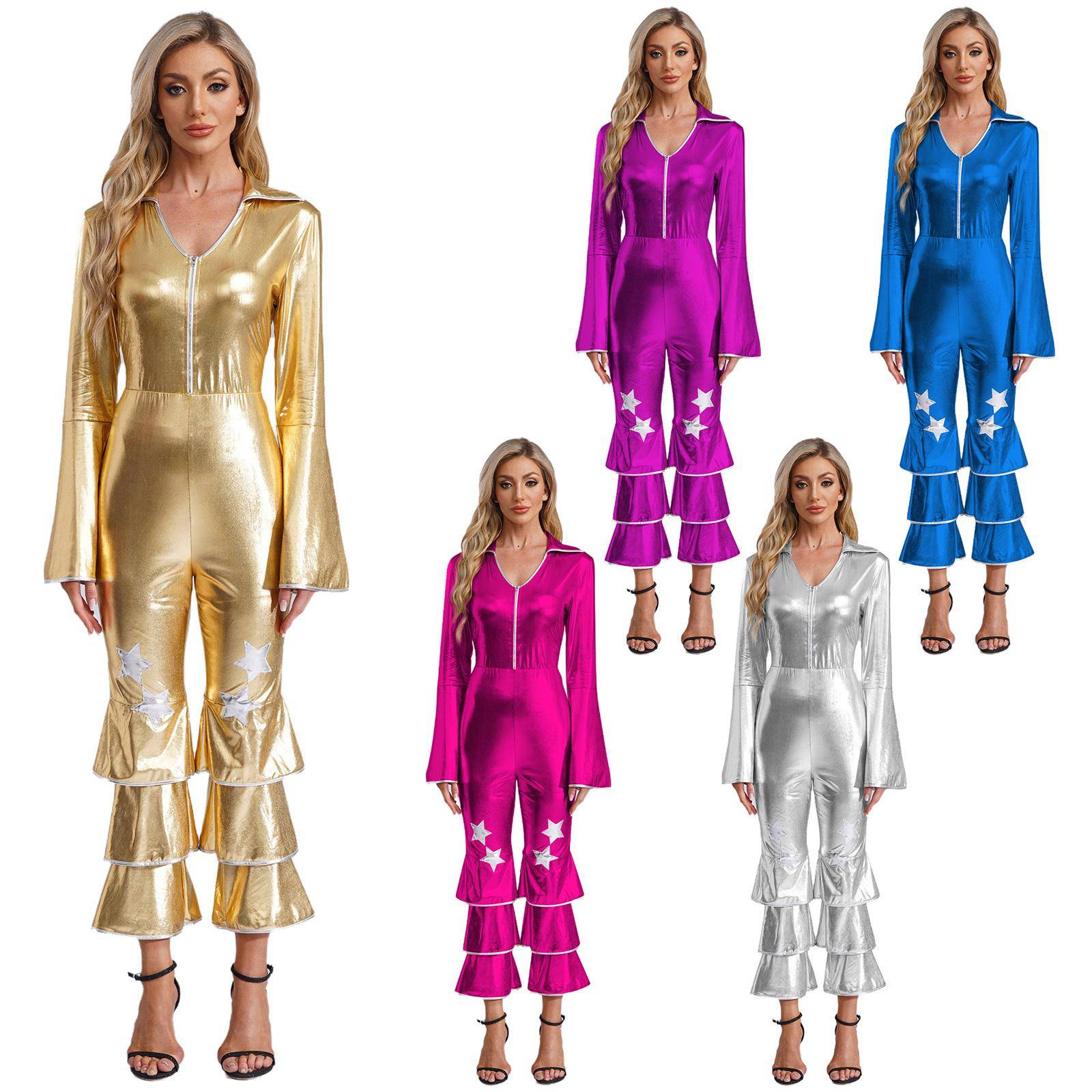 Dam 70-tals 80-tals Disco Jumpsuit Långärmad Utsvängda Ben Paljett Retro Kostym En Del för Bal Fest Cosplay Klubb cm