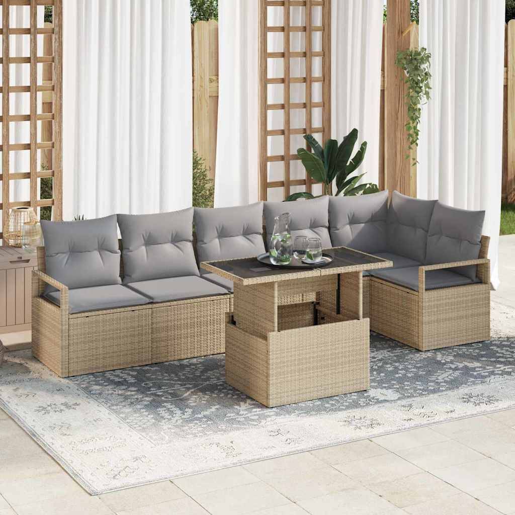 vidaXL Trädgårdsoffset med lagring 7 pcs Beige Poly rattan