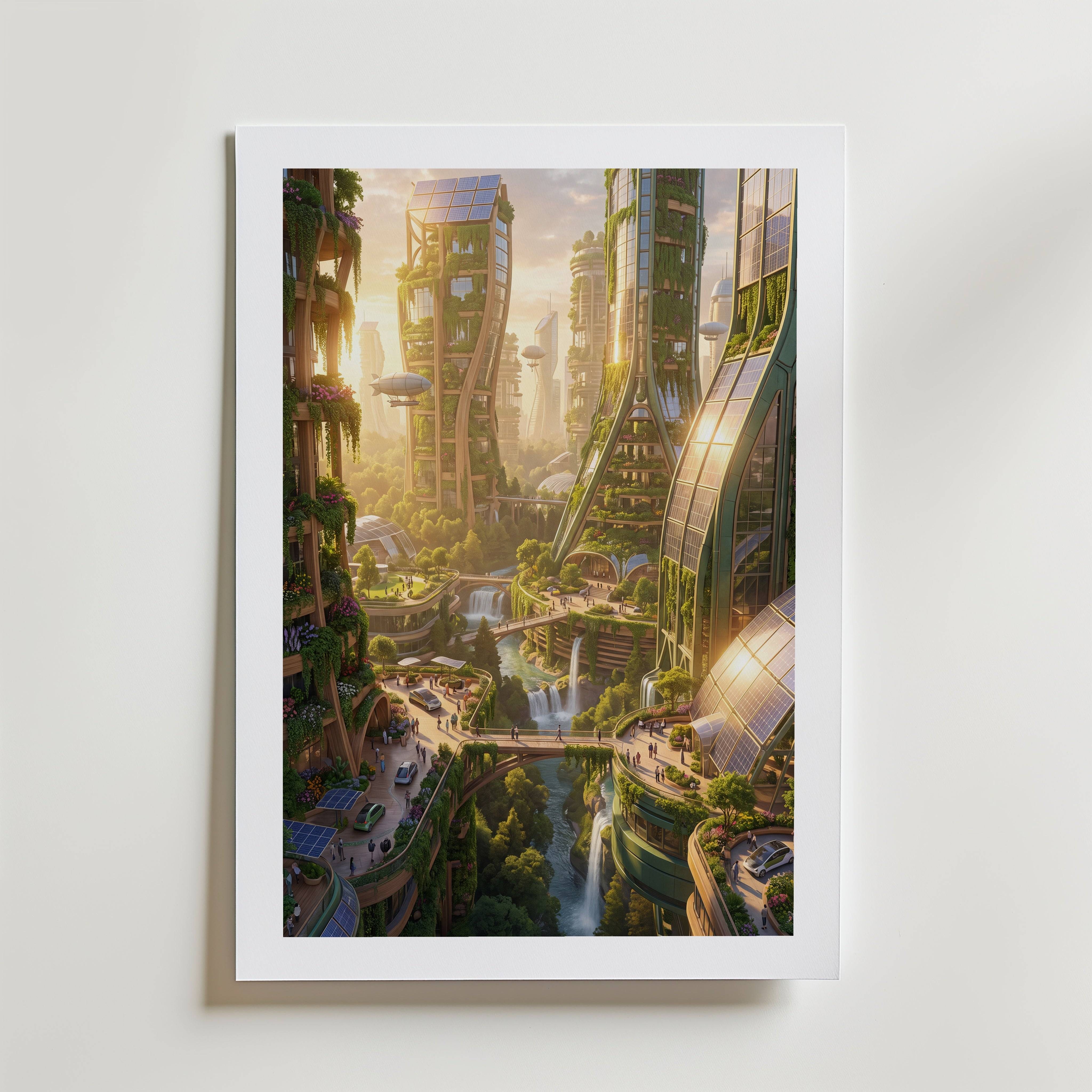 Solarpunk City Poster - Fine Art Poster 50x70 cm Med passepartout