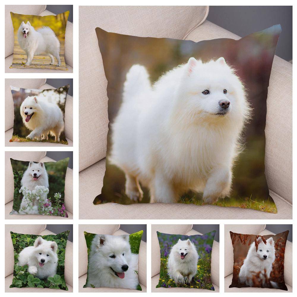 Stil Gullig Vit Hund Samojed Kuddfodral Dekor Härlig Husdjursdjur Kuddfodral Mjuk Plysch Kuddfodral för Soffa Barnrum