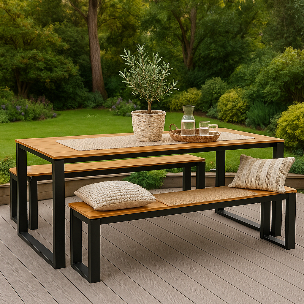 Marbella terrassesæt til 6-8 pers. med 2 stk. bænke. Alt i 100 % vedligeholdelsesfri alu/nonwood Teak look