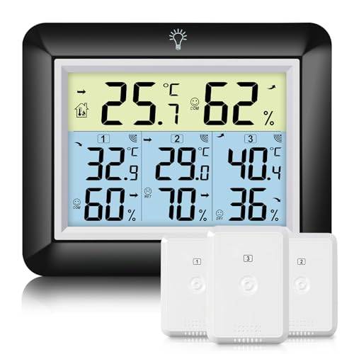 Urageuxy Trådlös termometer med 3 utomhussensorer – väderstation med 100 m räckvidd, digital hygrometer termometer med stor LCD-skärm, MIN/MAX-inspelning, lätt att använda (svart)