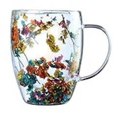 Coffee Mug, Flower Tea Mug, Double Walled Glass Mugs, Ergonomic Handle Anti-Scald Glass Mug with Selected Dried Flowers, 350 ml Insulated Layer Coffee Cup, 4.45x3.35x1.97 Inches for Family and Friends