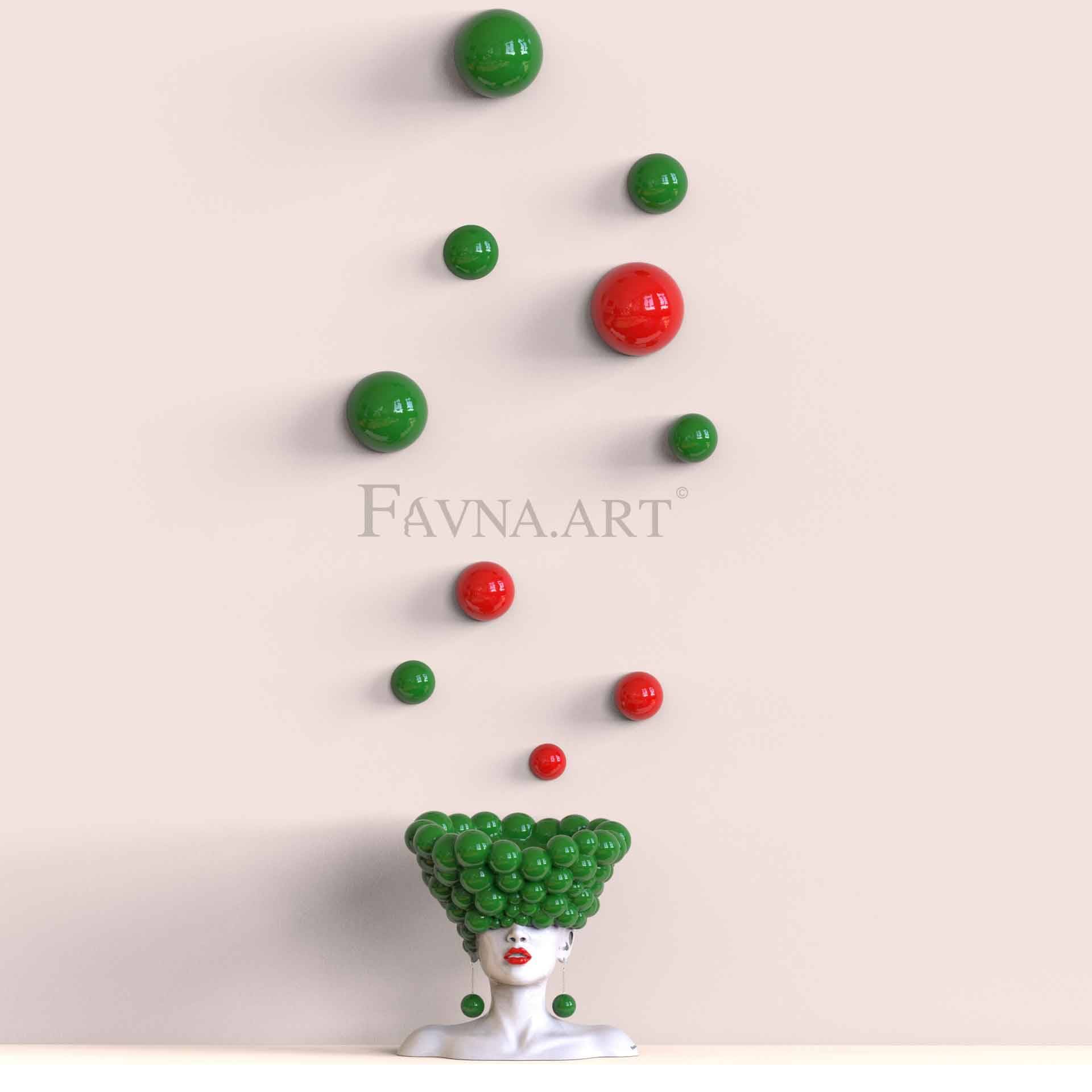 Conceptual Art Composition “Thoughts”, Wall Art- Sculpture and wall-mounted half-spheres green - With 10 half-spheres