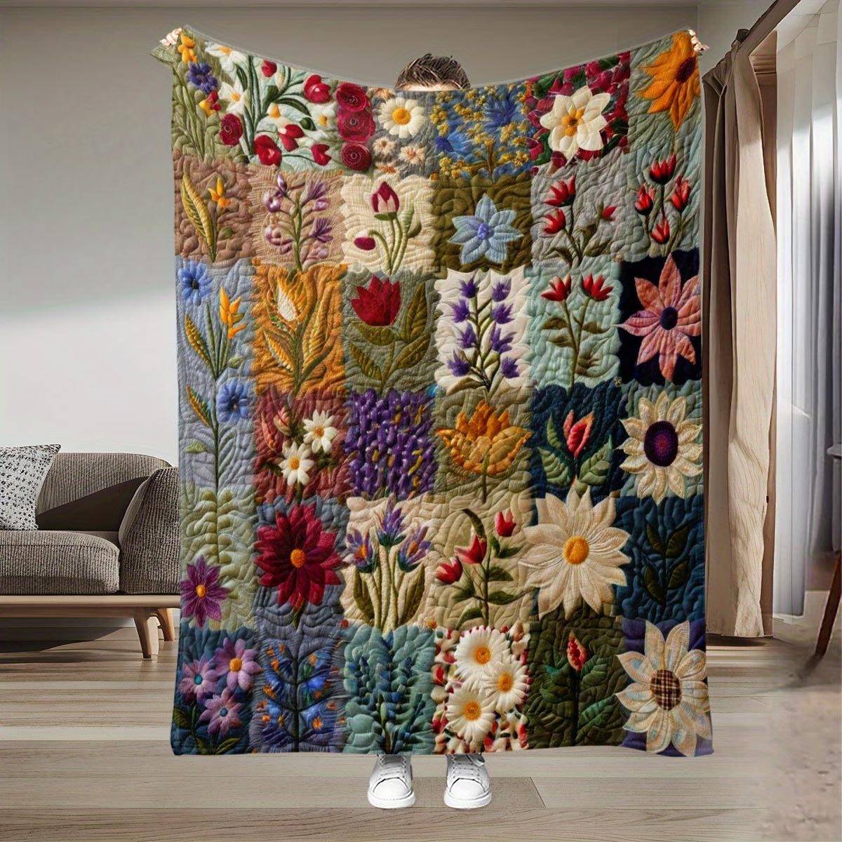 Färgglatt Blommigt Lapptäcke Tema Flanellfilt Hela Säsongen Med En Fräsch och Litterär Stil Naturlig Atmosfär Mjuka Filtar