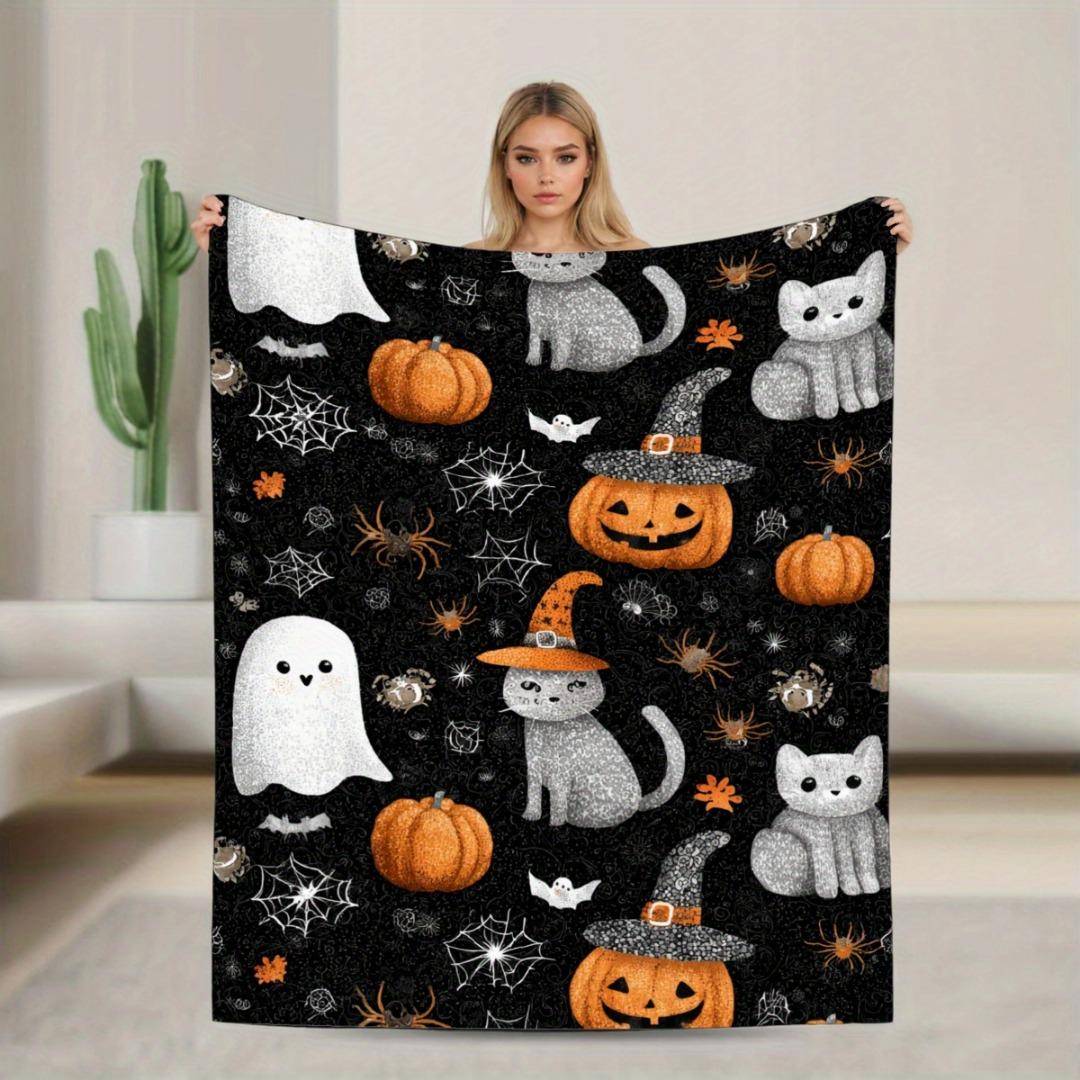 1pc Black Orenge Halloween Blanket Cat Bat Pumpkin Ghost Print Skin-Friendly Soft Blanket New for Home Sofa Halloween Decor Flannel 75 x 100