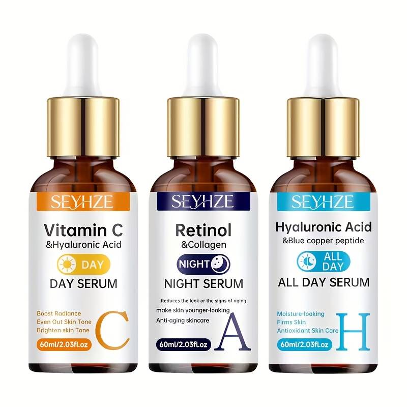 TEMU 3pcs Seyhze Vitamin C, Collagen Boosting Serum + Hyaluronic Acid & Peptide Facial With Brightening Complex - Collagen-boosting, Hydrating Drops For Types, Skin Suitable For , Skincare