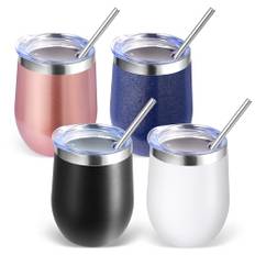 Volhoply 350 ml rostfritt stål vinglas med lock bulk 4-pack, 350 ml dubbelvägg vakuum stamlösa vinglas, metall rese kaffemugg med sugrör, isolerade koppgåvor för kvinnor, jul (mix, 4 set)