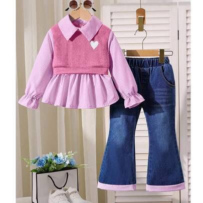 2 st. set med 2-i-1 kragetopp och utsvängda jeans för unga flickor - Rosa (6Y,7Y,4Y,5Y,2-3Y)