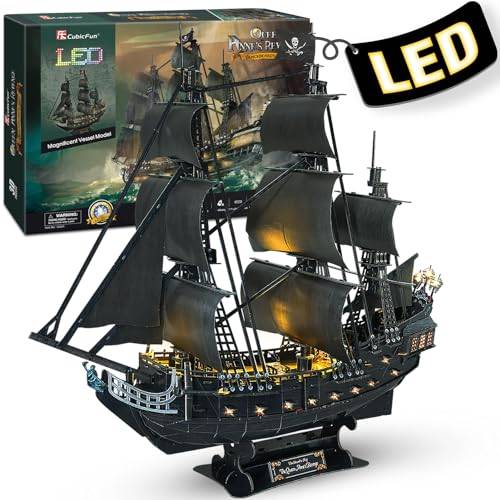 CubicFun 3D-pussel LED 68 cm svart pärla – drottning Anne's Revenge stort modellskepp, födelsedagspresent för vuxna, 340 stycken (1/95 LED Queen Anne's Revenge)