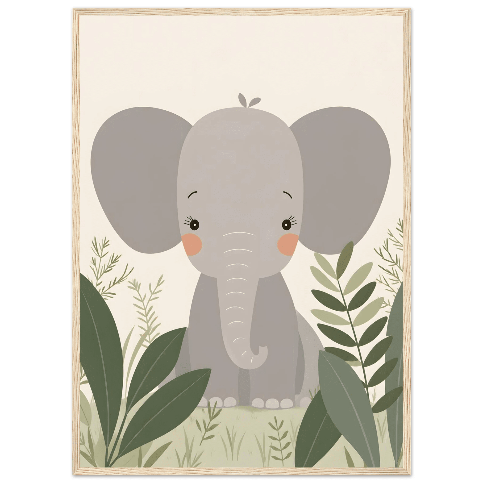 Elefant i djungeln poster-50x70 cm / 20x28″ / Med ram / Ljust trä