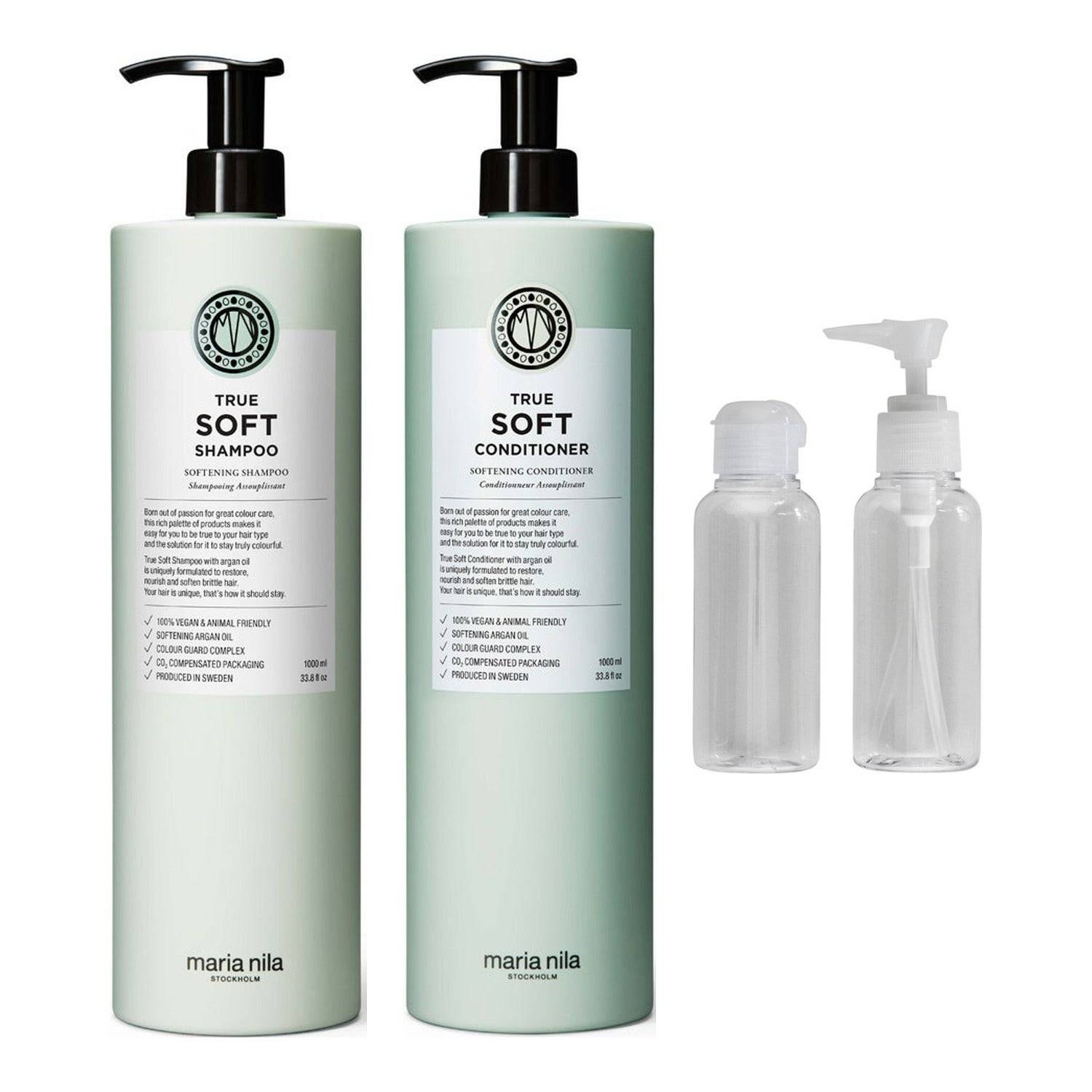Maria Nila True Soft Big Size Kit Shampoo 1000 ml, Conditioner 1000 ml & Travel Bottle