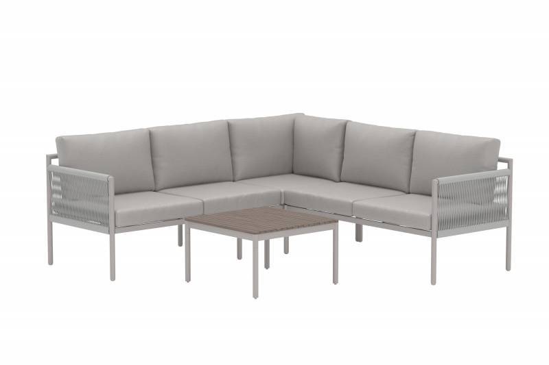 Kos udendørs hjørnesofa med hynder og bord i beige aluminium