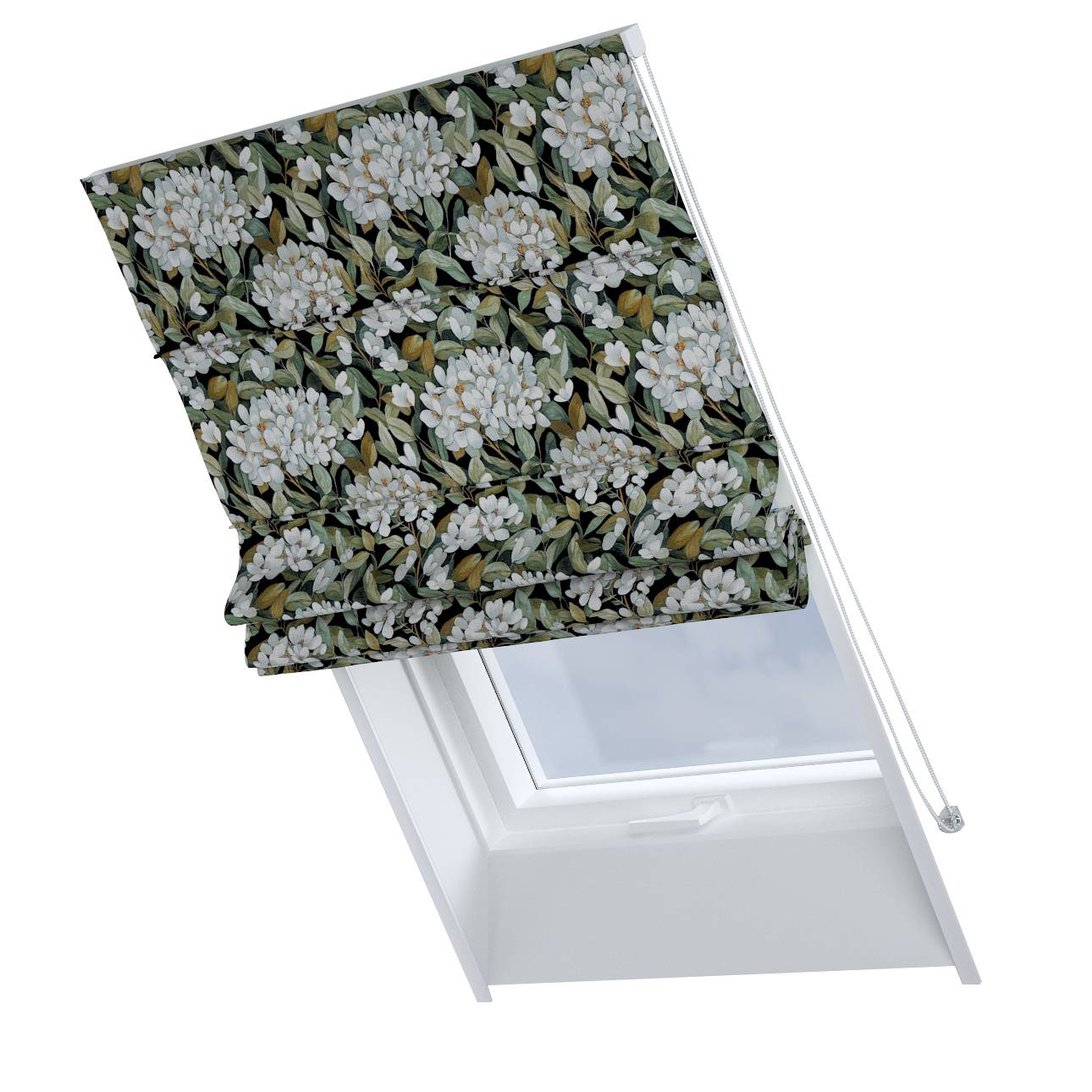 Foldegardin Rimini<br/>Til tagvinduer, Naturhvid med sort og grøn print, Botanic Viscose