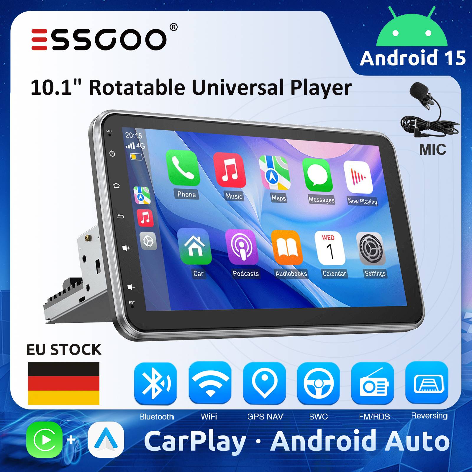 ESSGOO 10.1' Universal Floating Screen Car Radio 1Din Rotating Multimedia Player 4GB 64GB Carplay Android Auto Car Stereo GPS