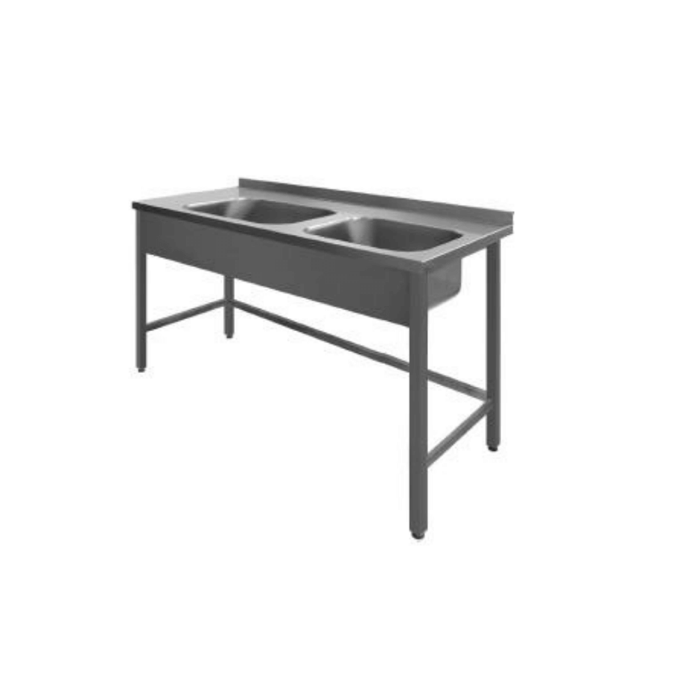 Stålbord med 2 vaske, PSR2, 700 mm dyb i mange længder (Variant: Uden rørpakke / vandlås til vask)