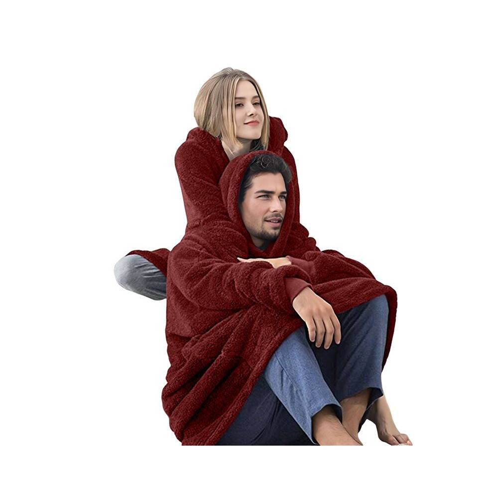 Oversized Blanket Hoodie Sweatshirt, Wearable Sherpa Lounging Pullover for Adults Women Men Wine Red One size