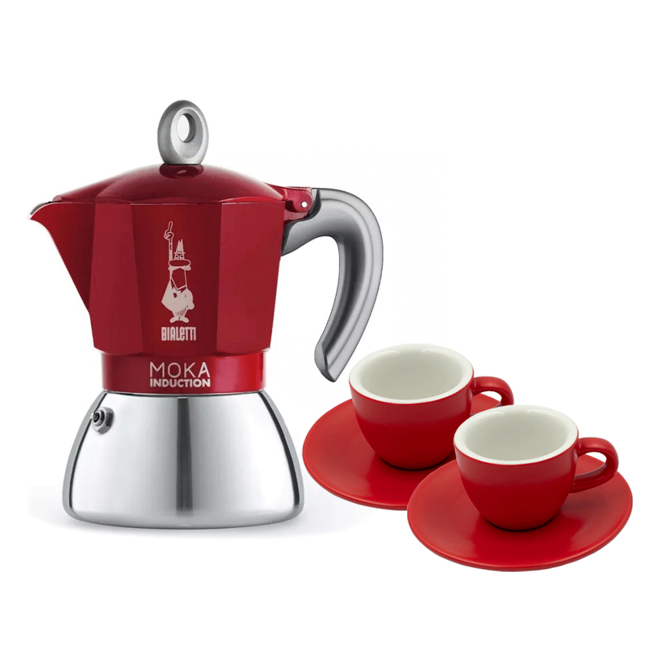Bialetti Moka Induktion 4 koppar Espressokanna Röd inkl. Club House Tulipano Espresso med fat Matt Röd 7 cl 2 st