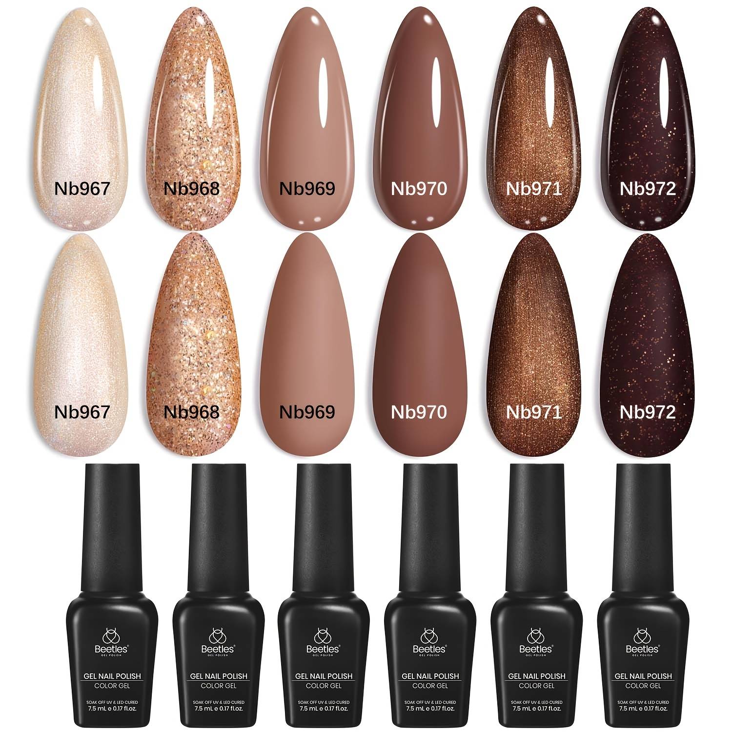 Beetles Gel Nail Polish Set - 6 Polish Set Light Dark Brown Nail Kit Pearl Shimmering Soak Off Led Lamp Needed Manicure Home Gift For Women