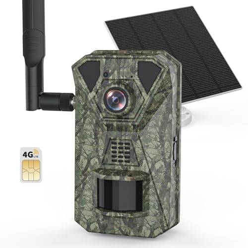 DEATTI 4G LTE viltkamera med mobiltelefonöverföringsapp, 2,7K solviltkamera med SIM-kort, PIR-rörelsedetektor, mörkerseende, 120° vidvinkel vilddjurskamera, IP66, 7800 mAh batteri (utan SD-kort)