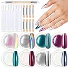 modelones Chrome Powder for Nails 8pcs, Magic White Pearl Chrome Nail Powder Kit Mirror Effect Chrome Powder Holographic Nail Powder Pigment Glitter Nail Powder Nailr Art Decoration