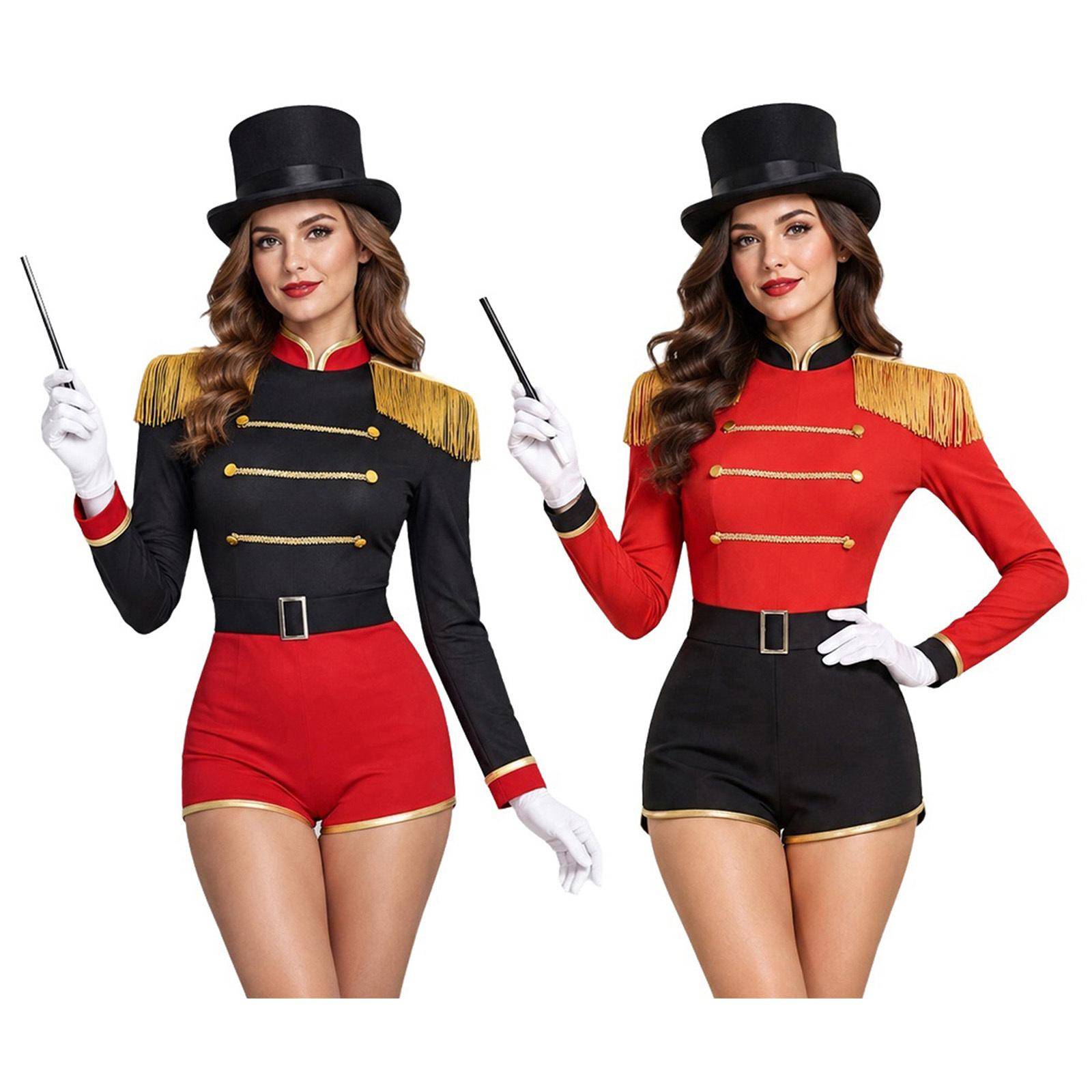 Dam Cirkusdirektör Cosplay Bodysuit Färgblockering Långärmad Tofs Axelband med Hatt Stav och Handskar för Halloween Magisk Scen cm röd