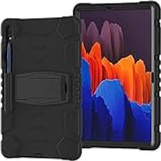 Fodral till Samsung Galaxy Tab S7 FE/S8 Plus/S7 Plus 12,4 tum, hybrid stöttåligt robust skyddsfodral Tab S8 Plus/S7 FE 5G fodral 30 cm med pennhållare ställ silikonskydd (svart)