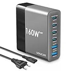 UOUCOO 160W USB C-laddare flera, GAN-laddare USB-laddare Flera 100W + 45W 6-portars snabbladdare USB C-nätadapter USB C laddningsstation för MacBook Pro/Air, Dell,iPad, Switch,Galaxy,Huawei