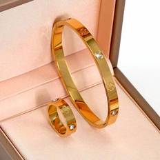2 st/set smyckeset med armband och ring i 18K guldpläterat 316L rostfritt stål med fyrklövermotiv, lämpligt för kvinnors vardagskläder, klassiskt euro (2 stycken storlek 9,2 stycken storlek 7,2 stycken storlek 8,2 stycken storlek 6)