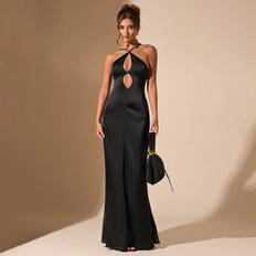 Solid Black Sexy Minimalist Elegant Halter Neck Backless Maxi Dress, Suitable For Graduation Party, Formal Occasion, Cocktail Party, Romantic Date, Au - Black - L,M,S,XL,XS,XXL,XXS,XXXL,XXXXL