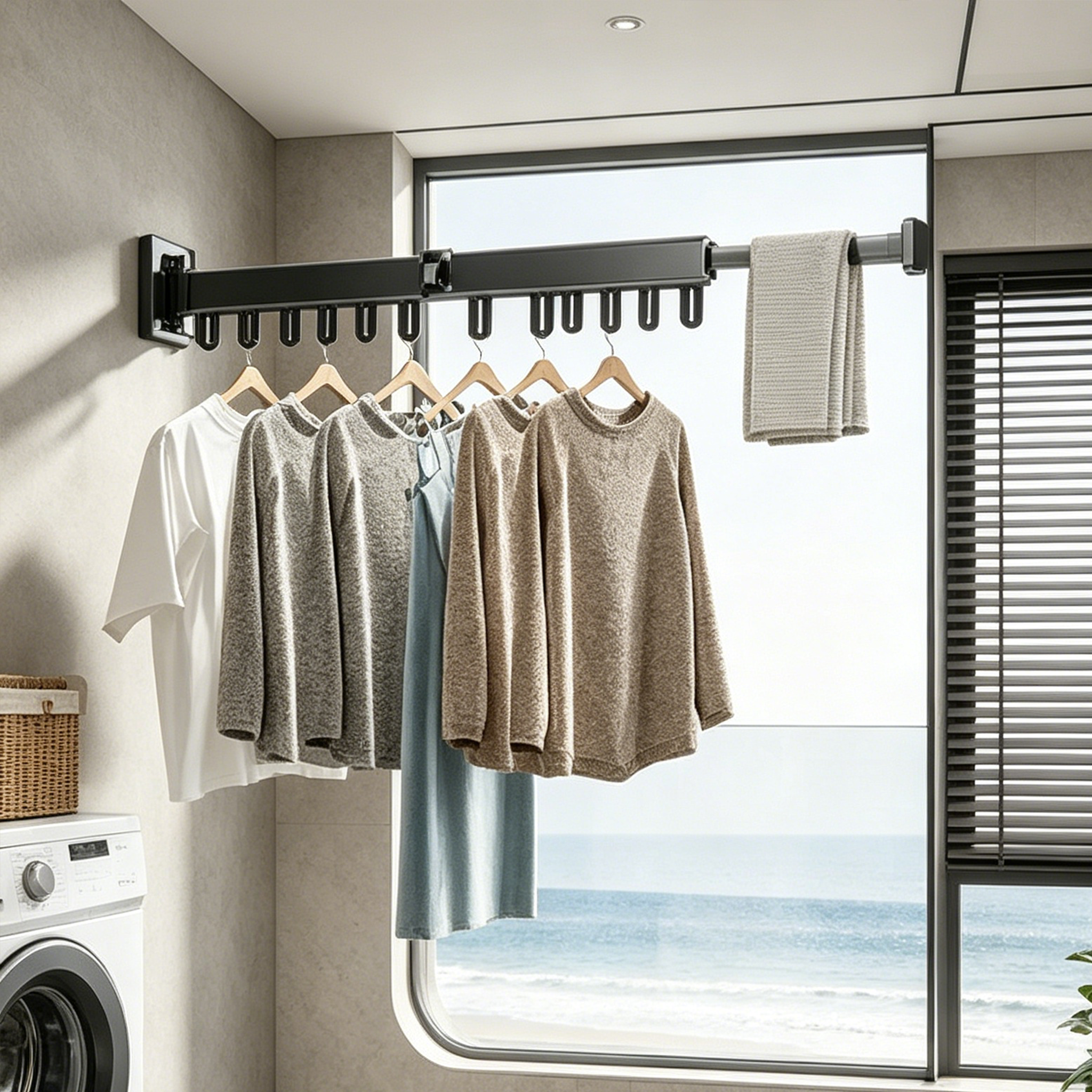 Wall Mounted Folding Clothes Drying Rack, Space Aluminum Retractable Laundry Rack, Punch & Punch-Free 2 Installation Ways with Windproof Hooks for Balcony Bathroom Laundry