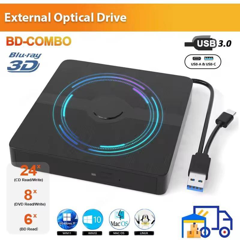 USB 3.0 Extern Blu-ray-enhet Bärbar 3D BD-Combo Optisk enhet CD DVD-spelare CD-brännare Läsenhet för Bärbar PC Windows 11/10 Mac svart