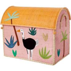 Rice Raffia Toy Basket - Jungle Theme - Soft Pink - Medium