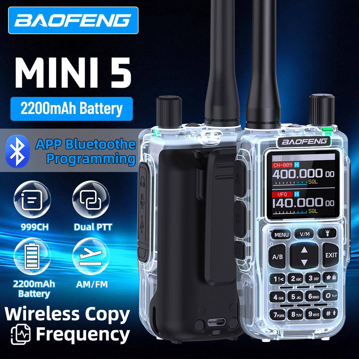 Baofeng Mini 5 Walkie Talkie Uppgradering 5R Mini Bluetooth Programmering Trådlös Frekvenskopiering Helfrekvens Typ-C Långräckvidd Amatörradio