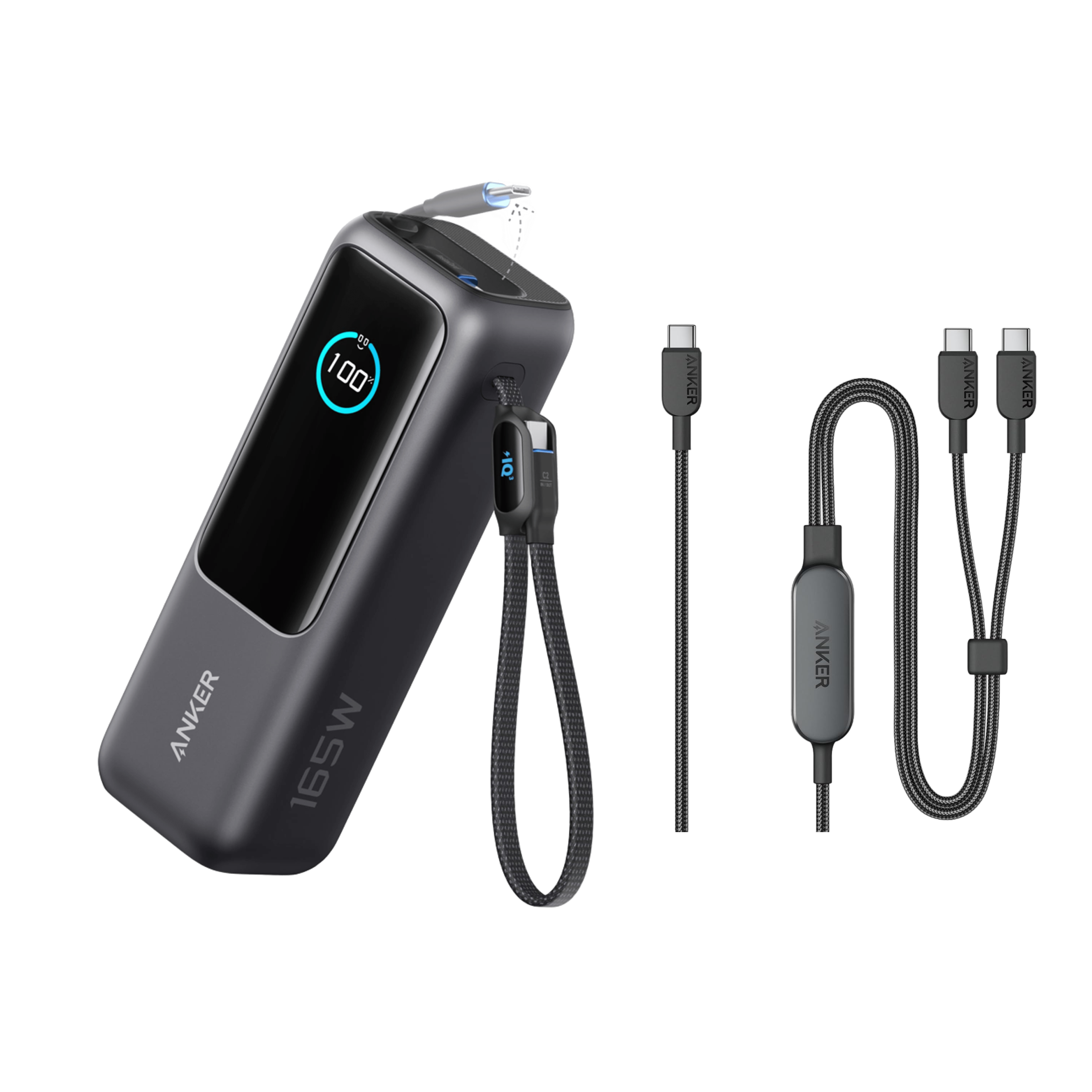 Anker Laptop Power Bank (25K, 165W, Built-In and Retractable Cables) + Anker 2-in-1 USB-C to USB-C Cable (1.2m, 140W, Braided)