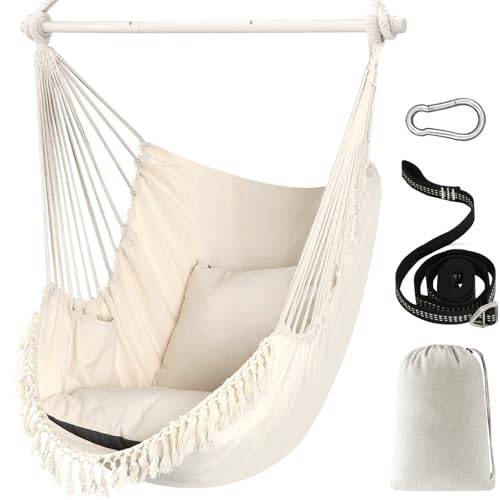 Chihee Hängesessel Hängeschaukel Maximal 500 Pfund Inklusive 2 Kissen Stahl Spreizstange mit Metall Tragbarer Hängesessel Seitentasche Großer Macrame Bohemian Stuhl Innen Außen