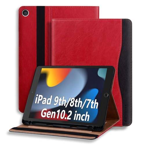 ONETHEFUL Fodral för iPad 9 8 7 generationen (10,2 tum, modell 2021/2020/2019), premium PU-läder, vikbart ställ, skyddsfodral med pennhållare och dokumentslitsar, röd
