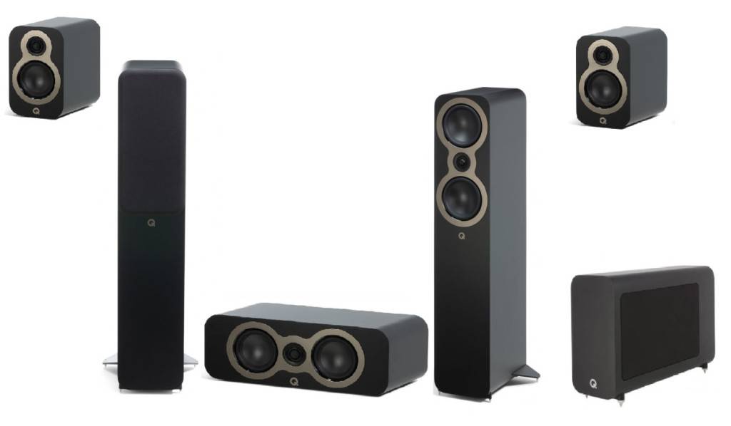 Q Acoustics Hemmabio 5.1 Högtalarpaket 3050C serie Matt Svart med svart subwoofer