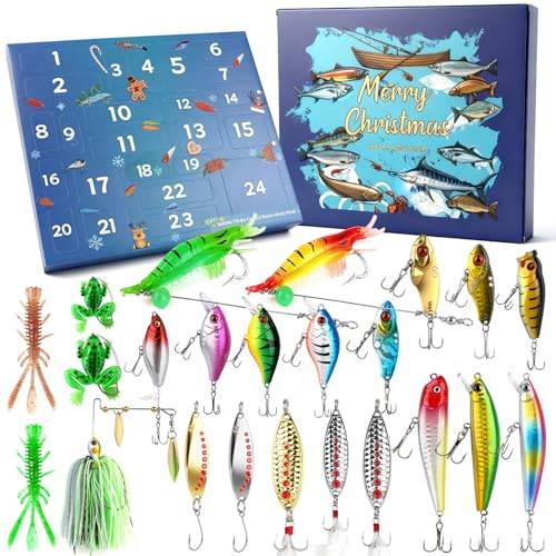 Fiskedrag kit 24 st, fiskegåvor för män fiskedrag med skedar spigg tryckare vevbete, fisketillbehör alla hjärtans dag present till män make pojkvänner