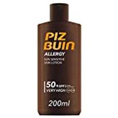PIZ BUIN Allergy Sun Sensitive Skin Lotion FPS 50 (200 ml), protector solar corporal con FP50, protección solar muy alta para pieles sensibles, loción corporal con filtros UVA/UVB