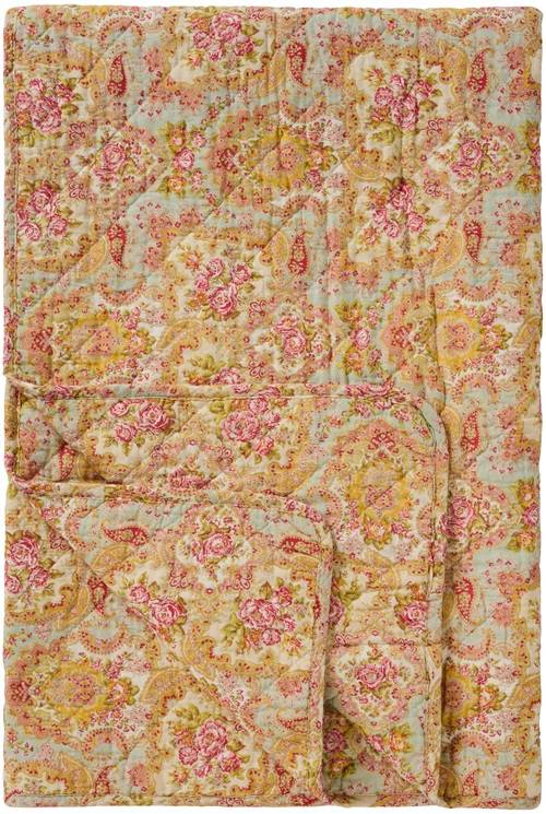 Ib Laursen - Quilt støvblå med lyserødt, rødt, grønt og gult paisley- 130 x 180 cm.