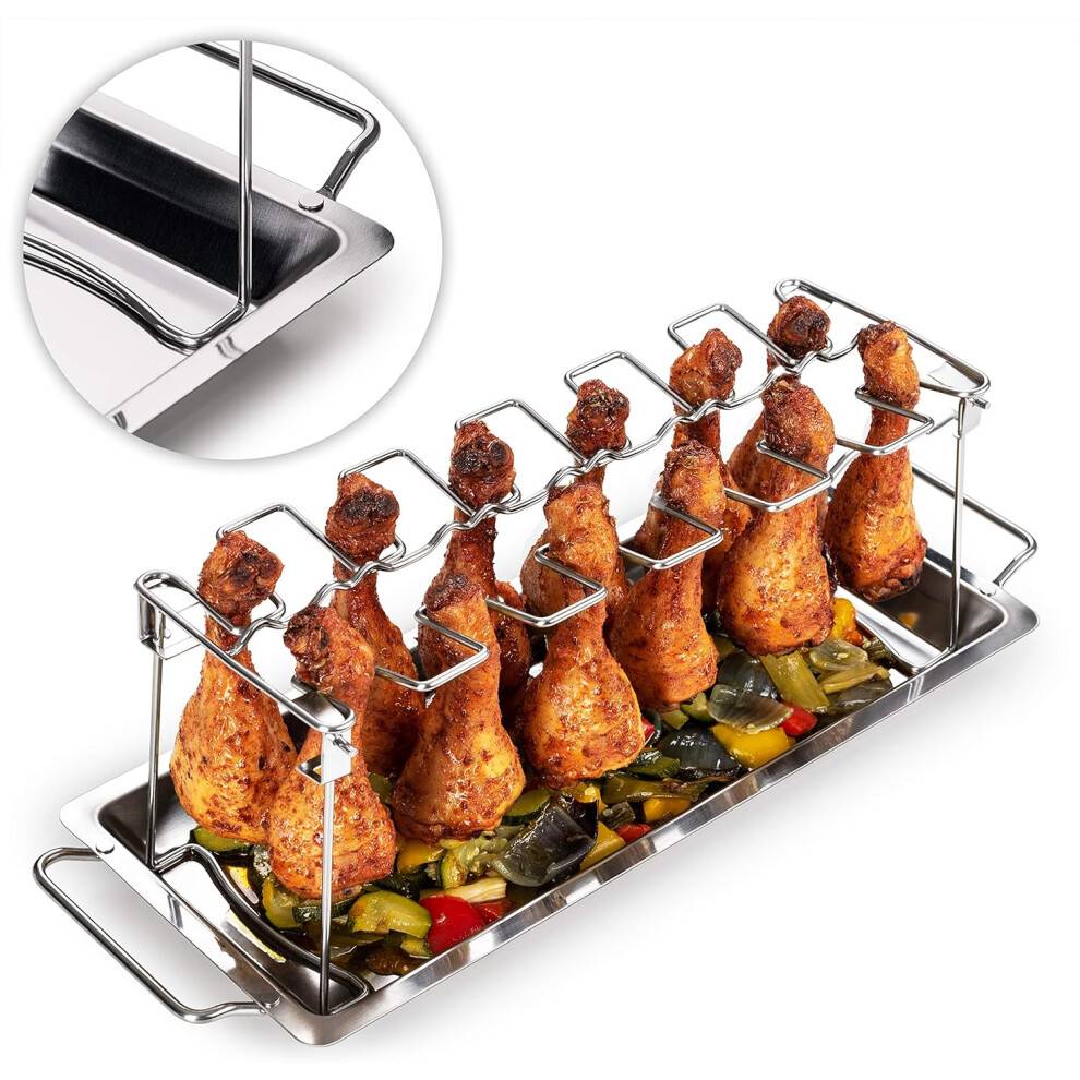 Stegeplade med drypbakke til at fjerne fedtdryp, kyllingelårrist i rustfrit stål til nem og effektiv grillning, velegnet til alle grilltyper og