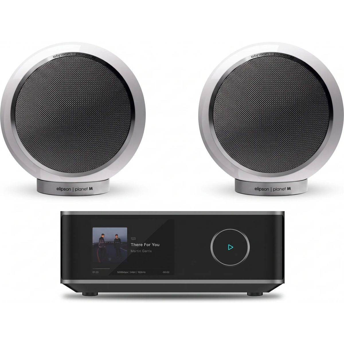 WiiM + Elipson Planet M vit lackerad + Amp Ultra rymdgrå