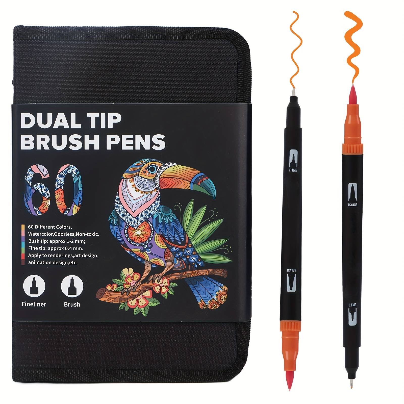 60-pack Dual Tip Brush Markers, Fine Tip And Brush Head, Water-based Ink, Medium Point, Permanent Markers For Adult Coloring Books, Journals, Note Taking, And Coloring, Ideal For Planners And Artists