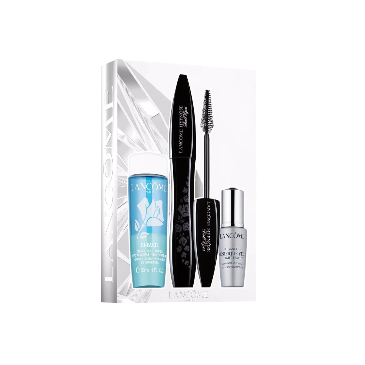 Set Lancome: Hypnose Doll Eyes, Mascara Volumizzante, 01, So Black, 6,5 ml + Advanced Genifique Yeux, Siero Occhi, 5 ml + Bi-Facil, Lozione Struccante
