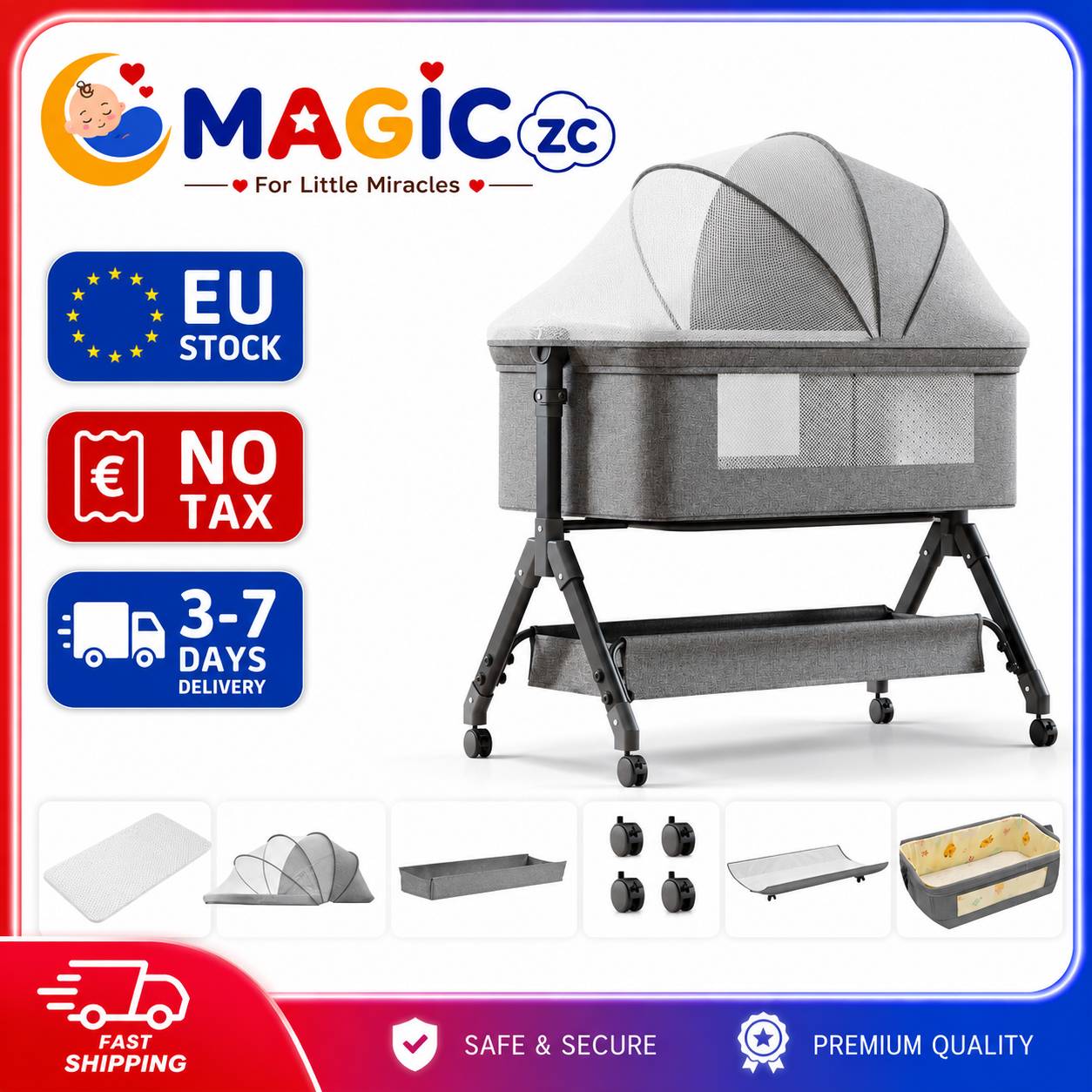 Baby Bedside Crib Baby Bassinet Bedside Sleeper Multifunctional Baby Crib Baby Cradle Rocking Cradle Portable Baby Bed Newborn Crib Infant Bedside Cot Co Sleeper with Mosquito Net Adjustable Height