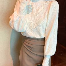 TEMU [fast ] Elegant French Court-inspired Lace Blouse With Mock Turtleneck - Nylon & Spandex, Machine Washable - Spring/fall